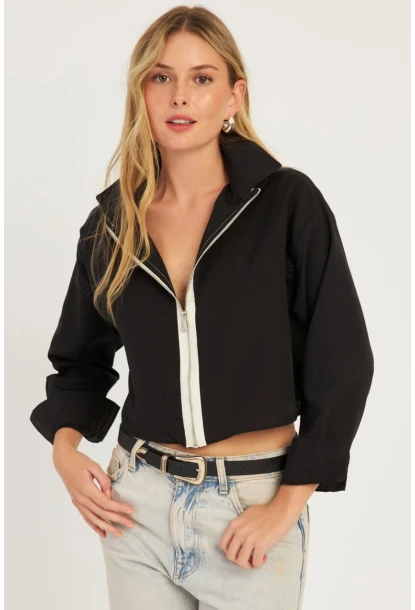 Kadın Siyah Fermuarlı Kısa Gömlek SF2541