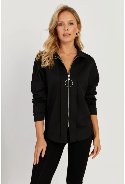 Kadın Siyah Fermuarlı Skuba Gömlek KED5002-90