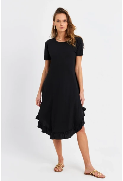 Kadın Siyah Fırfırlı Basic Elbise MALB5005