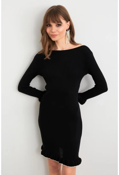 Kadın Siyah Fırfırlı Basic Triko Midi Elbise SF2559