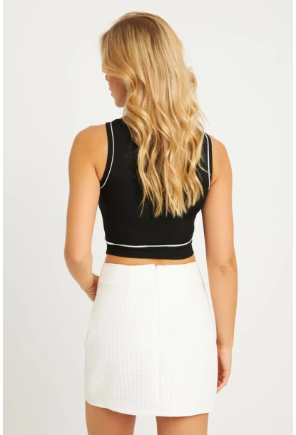 Kadın Siyah Fitilli Crop Bluz CG359