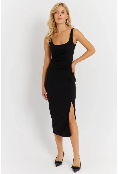 Kadın Siyah Fiyonk Detaylı Yırtmaçlı Midi Elbise KED4283