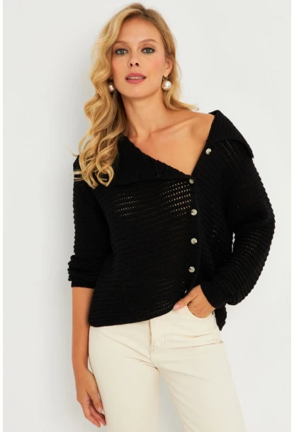 Kadın Siyah Geniş Yakalı Triko Hırka MİW4571