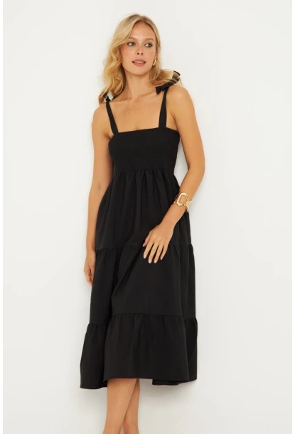 Kadın Siyah Gipeli Volanlı Midi Elbise SGT407