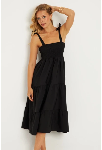 Kadın Siyah Gipeli Volanlı Midi Elbise SGT407