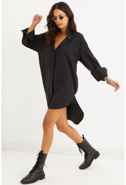 Kadın Siyah Gizli Düğmeli Tunik Gömlek Elbise SF1292