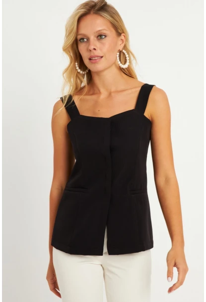 Kadın Siyah Gizli Düğmeli Yelek TW60236