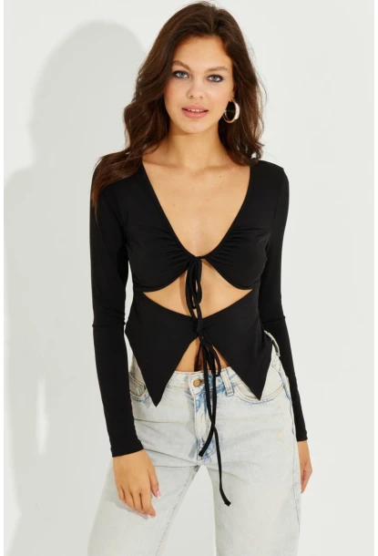Kadın Siyah Göbek Dekolteli Büzgülü Bluz B2701
