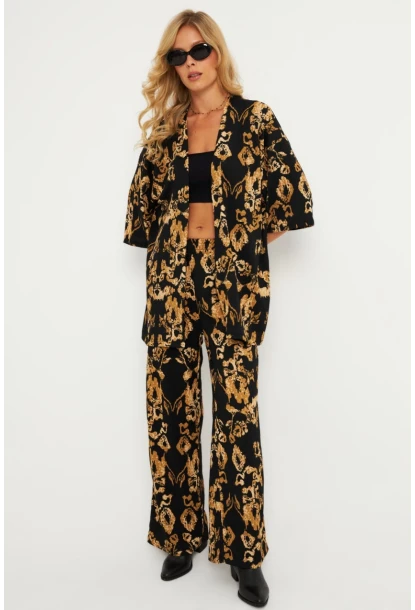 Kadın Siyah-Gold Desenli Bürümcük Alt Üst  Takım LON3004