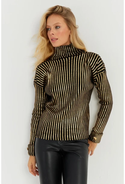 Kadın Siyah-Gold Düğme Detaylı Varaklı Triko Kazak SF2532