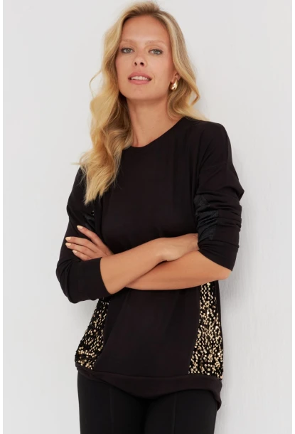 Kadın Siyah-Gold Payetli Uzun Bluz ST3124