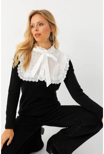 Kadın Siyah Gömlek Bloklu Triko Bluz MQS2117