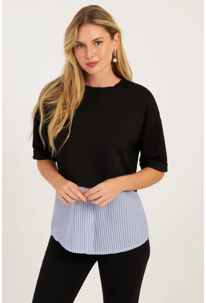 Kadın Siyah Gömlek Dataylı Bluz ST835