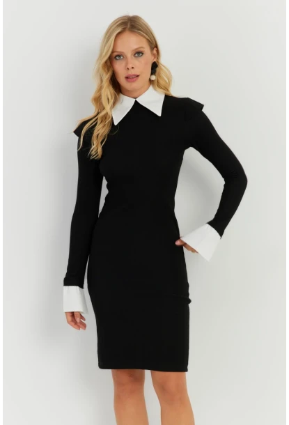 Kadın Siyah Gömlek Detaylı Midi Elbise RMZ21238