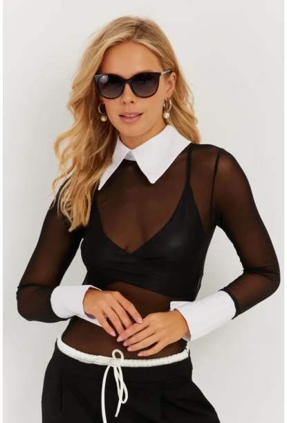 Kadın Siyah Gömlek Yaka Tül Bluz MEN2033