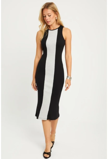 Kadın Siyah-Gri Kaşkorse Yırtmaçlı Midi Elbise XL2010