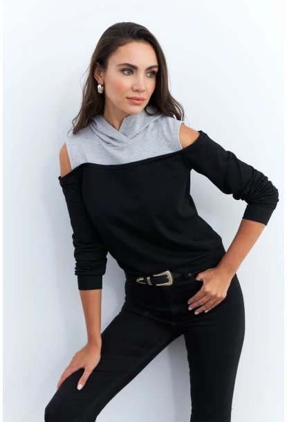 Kadın Siyah-Gri Omuzları Açık Sweatshirt TF15