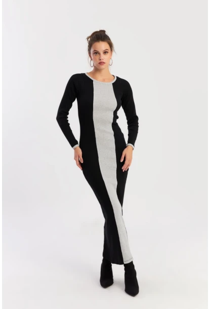 Kadın Siyah-Grı Renk Bloklu Kaşkorse Maxi Elbise XL403