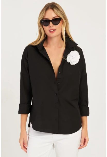 Kadın Siyah Gül Aksesuarlı Gömlek SF2540