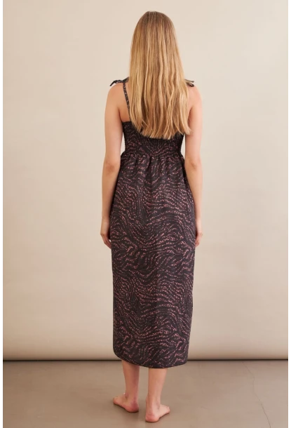 Kadın Siyah-Gülkurusu Straplez Çizgili Plaj Elbisesi OR502