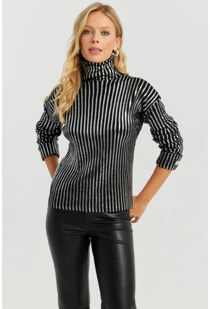 Kadın Siyah-Gümüş Düğme Detaylı Varaklı Triko Kazak SF2532