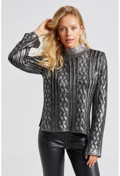 Kadın Siyah-Gümüş Varakli Triko Bluz SF2528