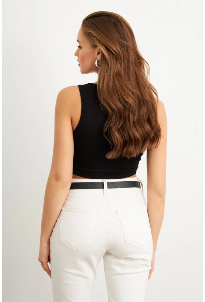 Kadın Siyah Halkalı Crop Bluz EY3094