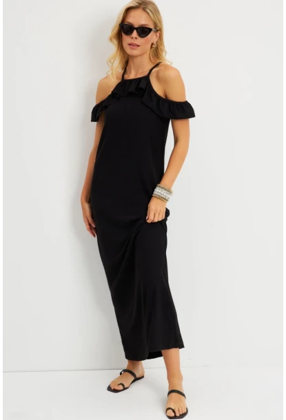 Kadın Siyah Halter Yaka Bürümcük Midi Elbise EY2789