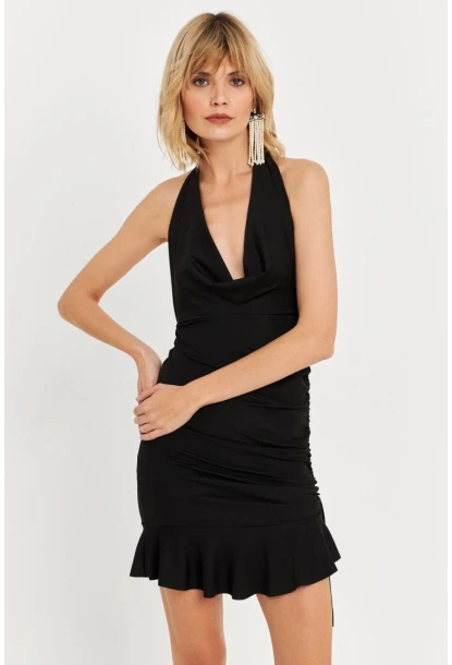 Kadın Siyah Halter Yaka Fırfırlı Mini Elbise DCF008
