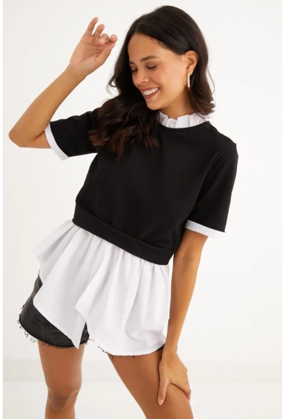 Kadın Siyah İkili Asimetrik İki İplik Bluz B1454