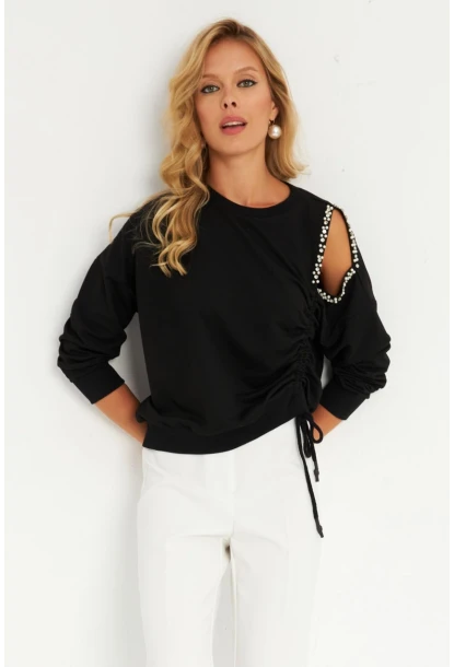 Kadın Siyah İnci Detaylı Büzgülü Sweatshirt RLO04