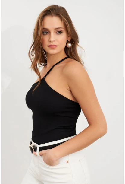 Kadın Siyah İp Askılı Çıtçıtlı Body ZH014