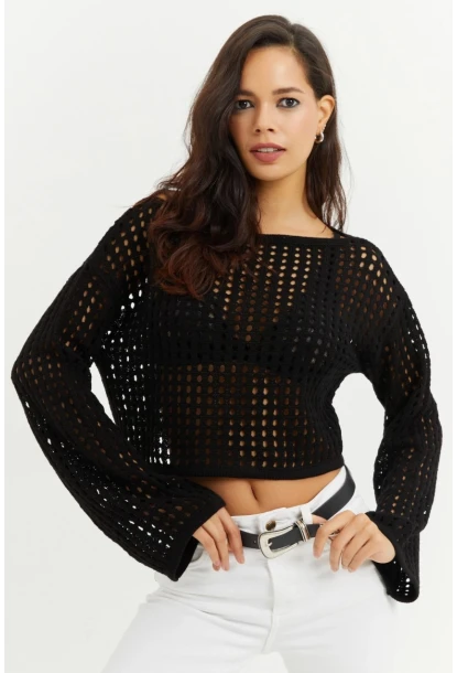Kadın Siyah İspanyol Kol Ajurlu Triko Kısa Bluz SMT181