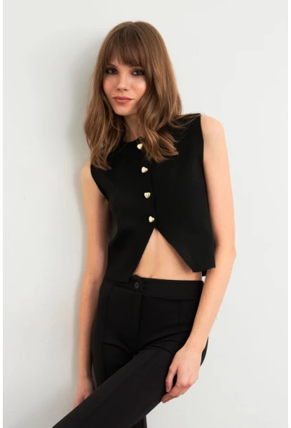 Kadın Siyah Kalp Düğmeli Triko Bluz SF2560