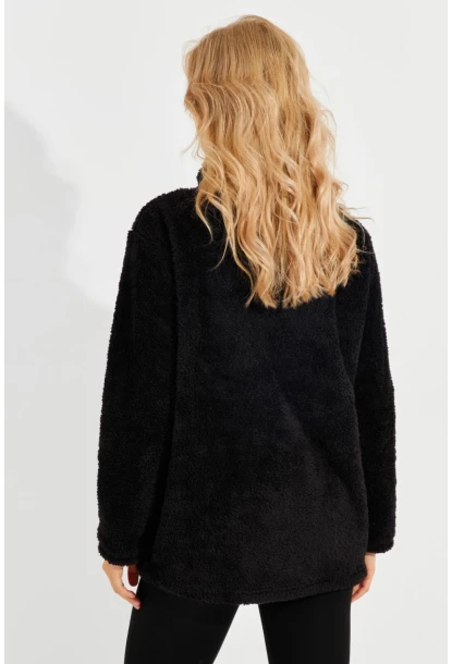 Kadın Siyah Kanguru Cep Peluş Sweatshirt Q978