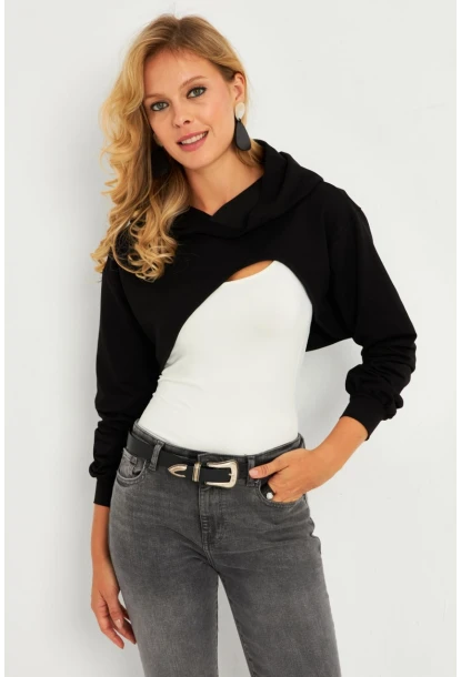 Kadın Siyah Kapüşonlu Crop Sweatshirt  TF03