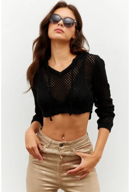 Kadın Siyah Kapüşonlu File Kısa Bluz YV153