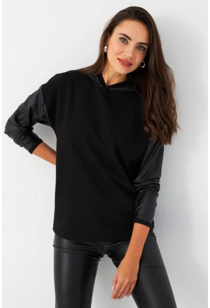 Kadın Siyah Kapüşonlu Sıvama Detaylı Sweatshirt MTF37