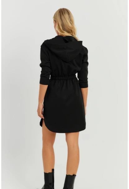 Kadın Siyah Kapüşonlu Skuba Mini  Elbise KED4104