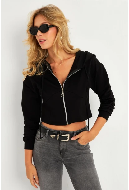 Kadın Siyah Kapüşonlu Sweatshirt TF07