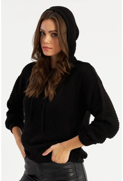 Kadın Siyah Kapüşonlu Triko Bluz SMT2419