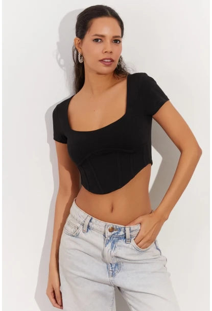 Kadın Siyah Kare Yaka Crop Bluz RX420