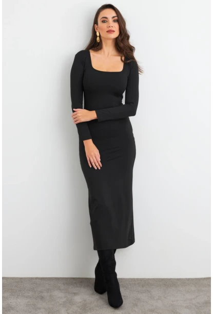 Kadın Siyah Kare Yaka Midi Elbise XC8102