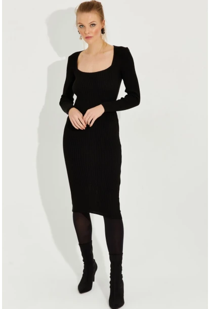 Kadın Siyah Kare Yaka Triko Midi Elbise SF2520