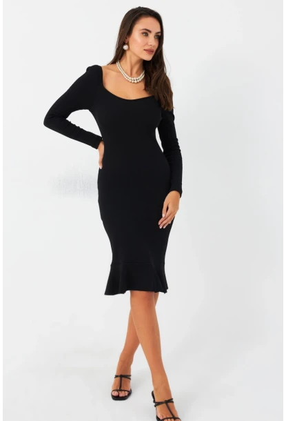 Kadın Siyah Kaşkorse Midi Elbise EY2976