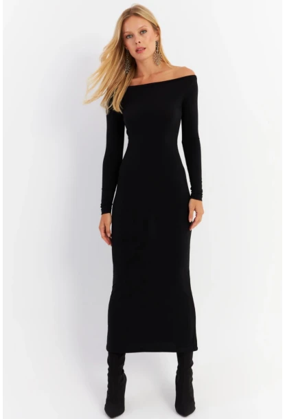 Kadın Siyah Kayık Yaka Maxi Yılbaşı Elbise HOR03