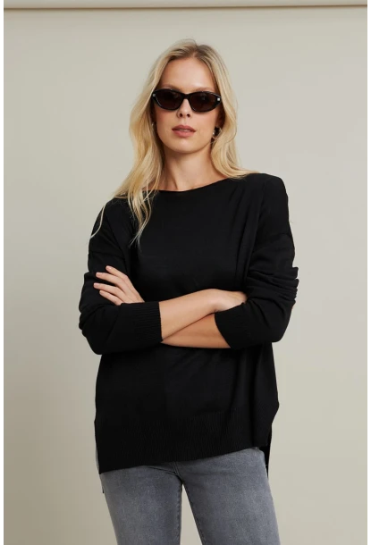 Kadın Siyah Kayık Yaka Triko Bluz MYİL561