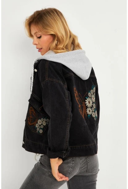 Kadın Siyah Kelebek Nakışlı Kapüşonlu Kot Ceket İS423