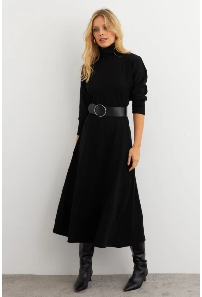 Kadın Siyah Kemerli Balıkçı Yaka Elbise MKSD992