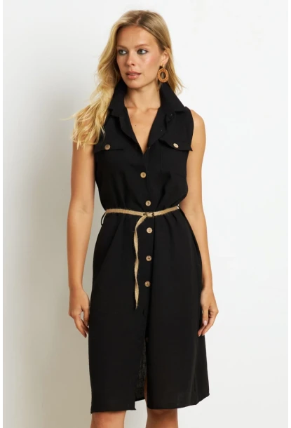 Kadın Siyah Kemerli Gömlek Midi Elbise SGT404